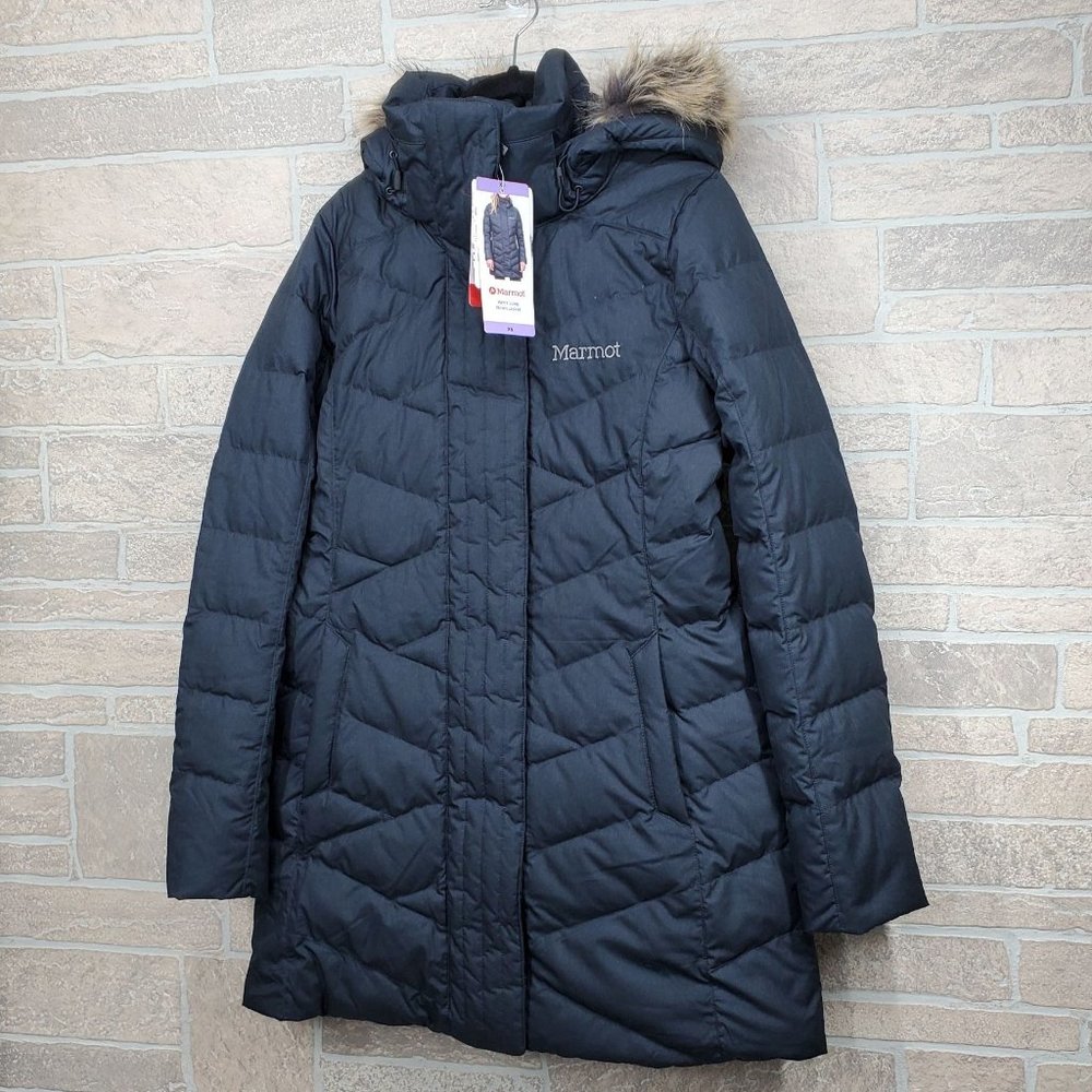 Marmot Varma Women Black Down Jacket Coat Warm Down with Hood Full Zip Size XS